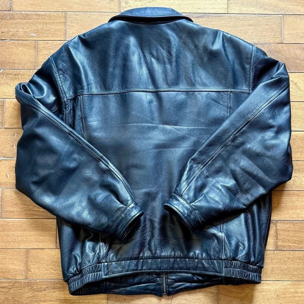 Vintage Croft & Barrow Genuine Heavy Leather Bomber Jacket Black Men Sz L TALL